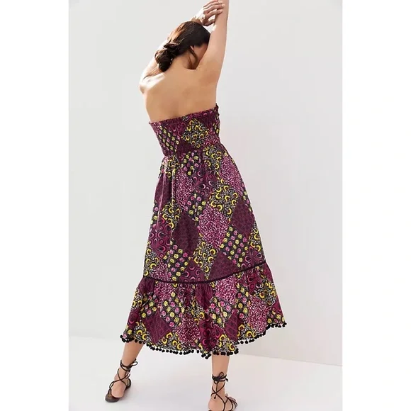 NWT RARE ANTHROPOLOGIE ABSTRACT SMOCKED POMMED MIDI DRESS - Picture 3 of 7